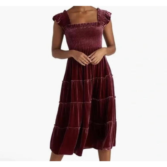 HILL HOUSE burgundy velvet midi Ellie nap dress sz M - Picture 2 of 8